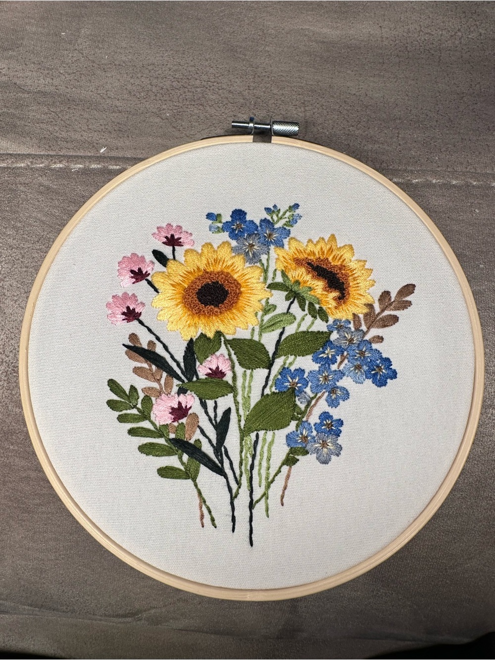 Hand-Embroidered Sunflower Bouquet Hoop Art - Yellow & Blue